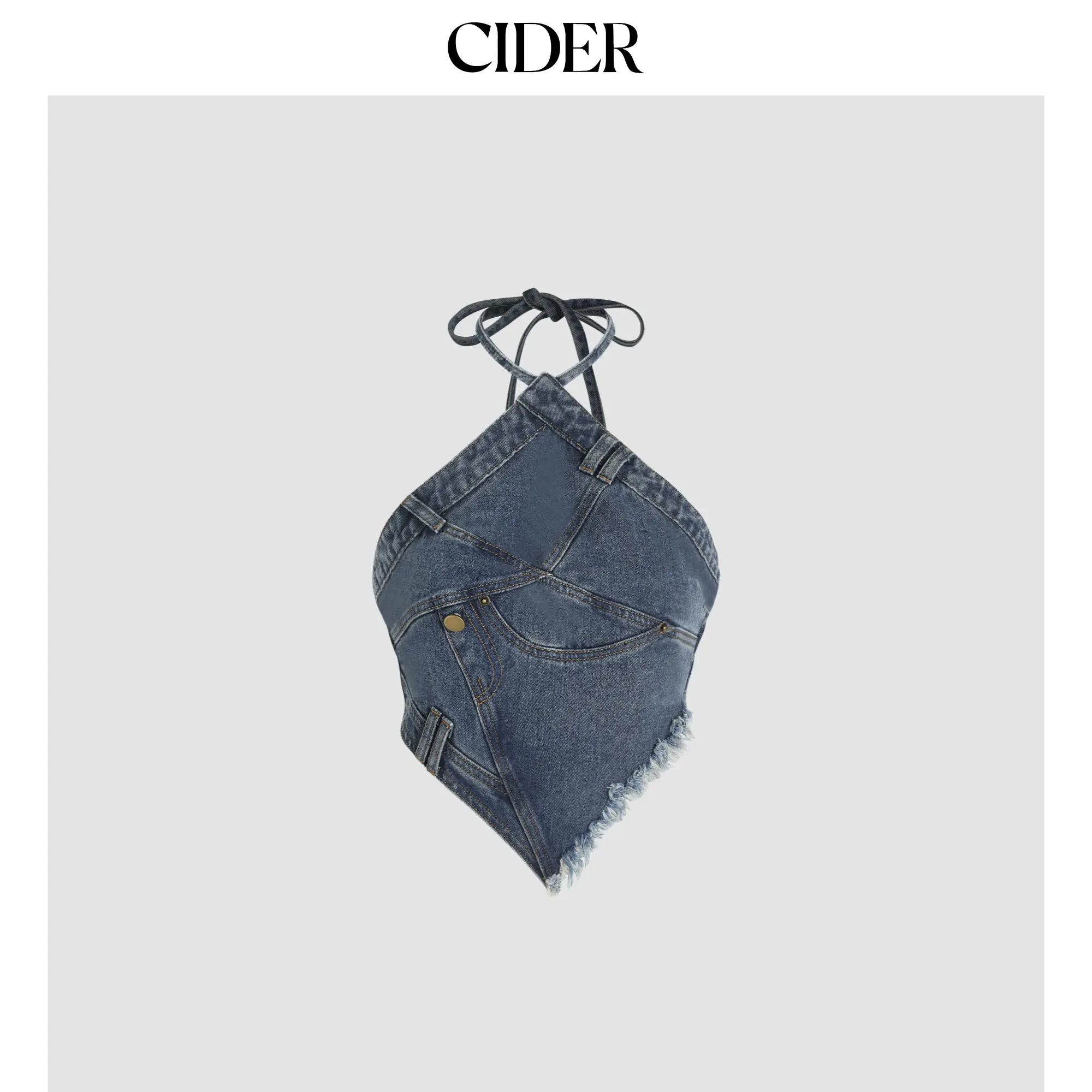Cider [size 0-10] Denim Fringe Zipper Up Halter Crop Top SummerWins SummerFinds