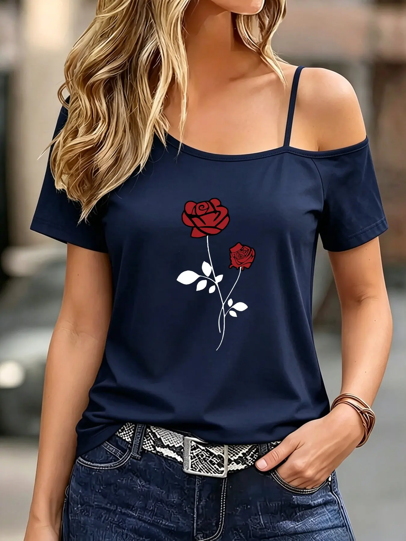 Women's Short Sleeve T-Shirt Top, Asymmetrical Neckline, Floral Rose & Leaf Print, Casual Fashion for Spring Summer