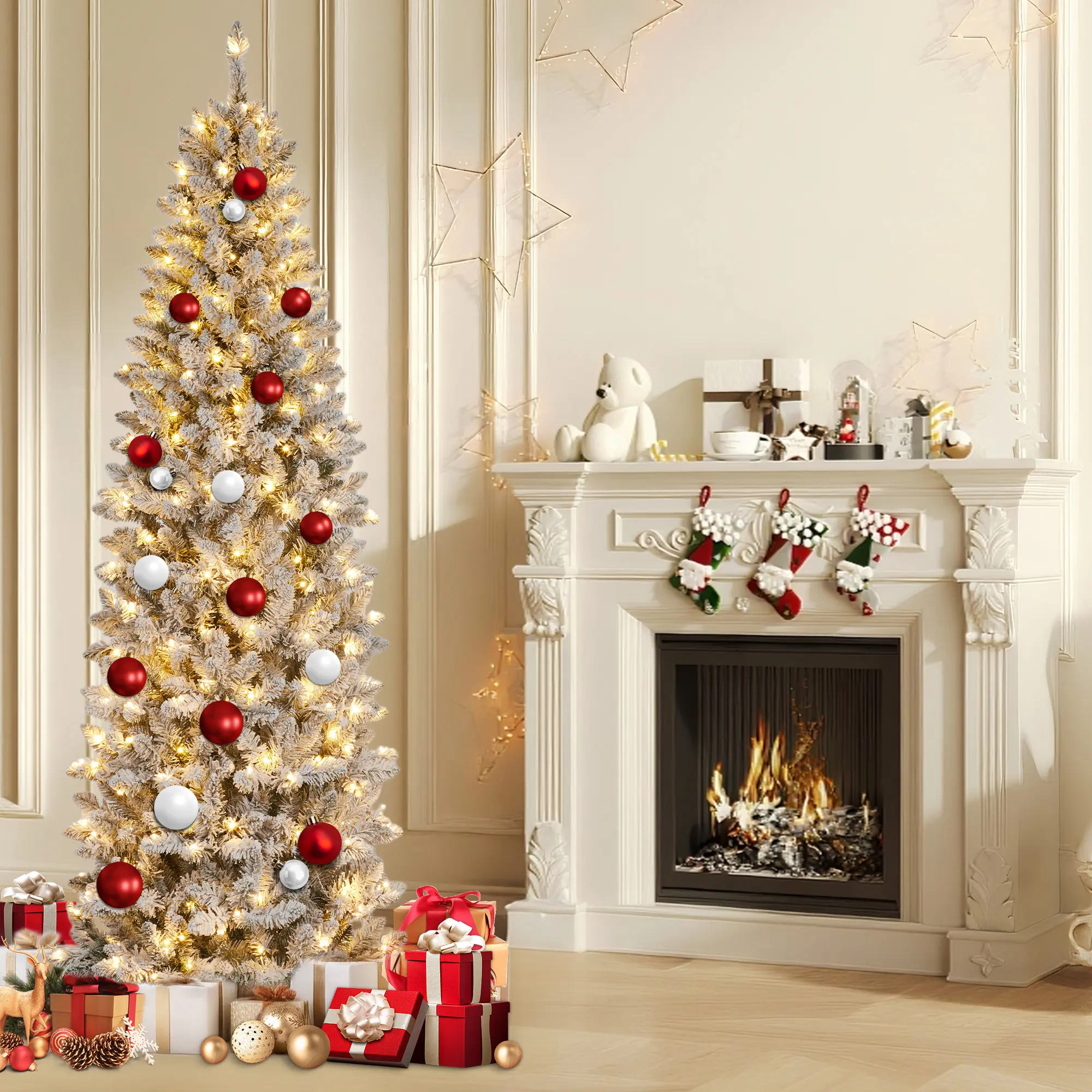 Pencil Christmas Tree, Pre-Lit Frosted Artificial Tree, Skinny Xmas Trees Holiday Decoration, with LED Light and Metal Base