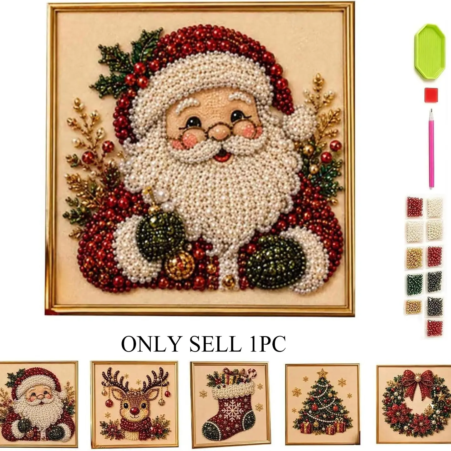 DIY Christmas Pearl Diamond Painting Art Kit with Frame, Christmas Ornaments for Adults, Relaxing & Beginner-Friendly Pearl Diamond Painting Hanging Kit for Home Wall Decor