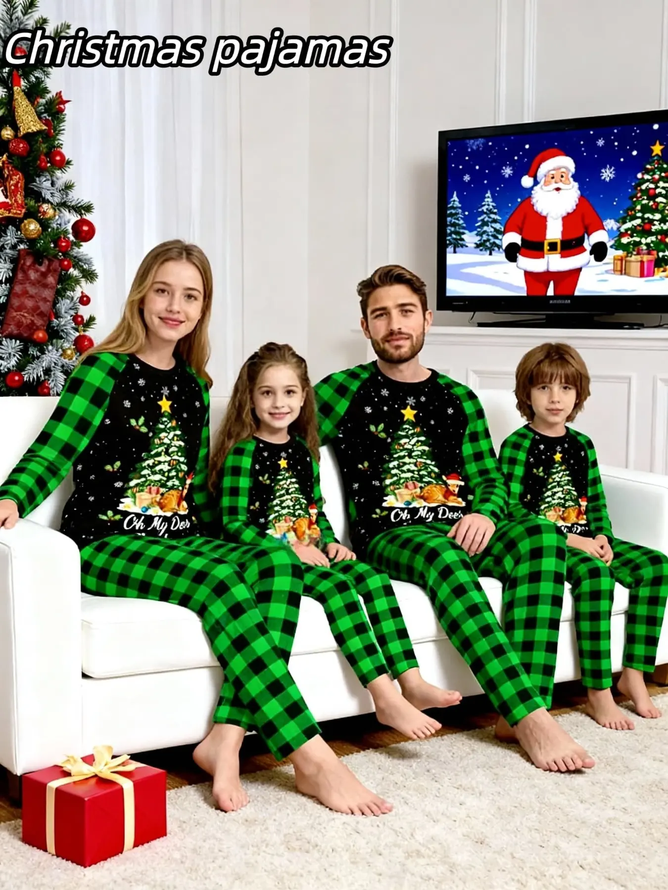 2-Piece Christmas Family Pajama Set, & Plaid Striped Long Sleeve Sleepwear, Casual Fitted H-Type for Men Women Kids