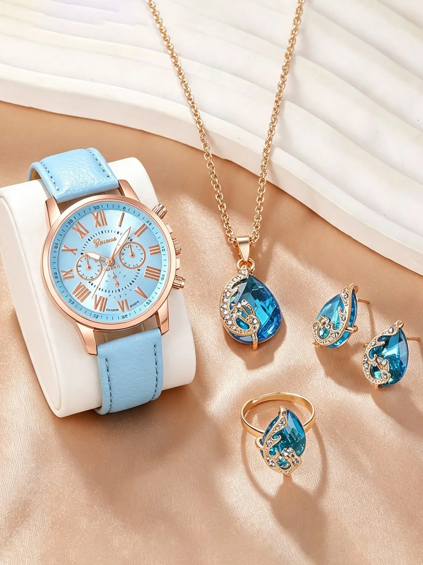 5PCS Women's Personalized Fashion Elegant Quartz Watch+1 Peacock Necklace+1 Peacock Earring+1 Live Peacock Ring Women's Exquisite Watch Set Mother's Day Birthday Perfect Gift for Her