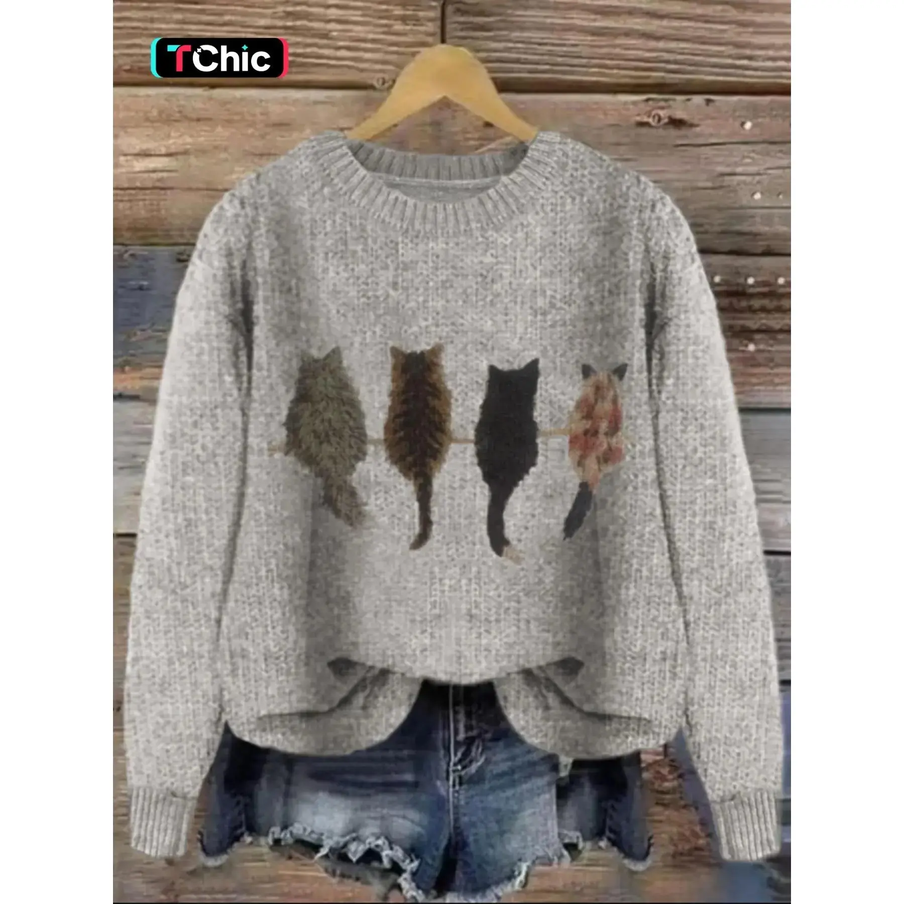 Women's Cat Print Drop Shoulder Soft Knitted Sweater, Casual Long Sleeve Round Neck Animal Print Jumper for Fall & Winter, Fashion Ladies' Knitwear for Daily Wear, Womenswear, Knitting Fit, Casual Loose Jumpers