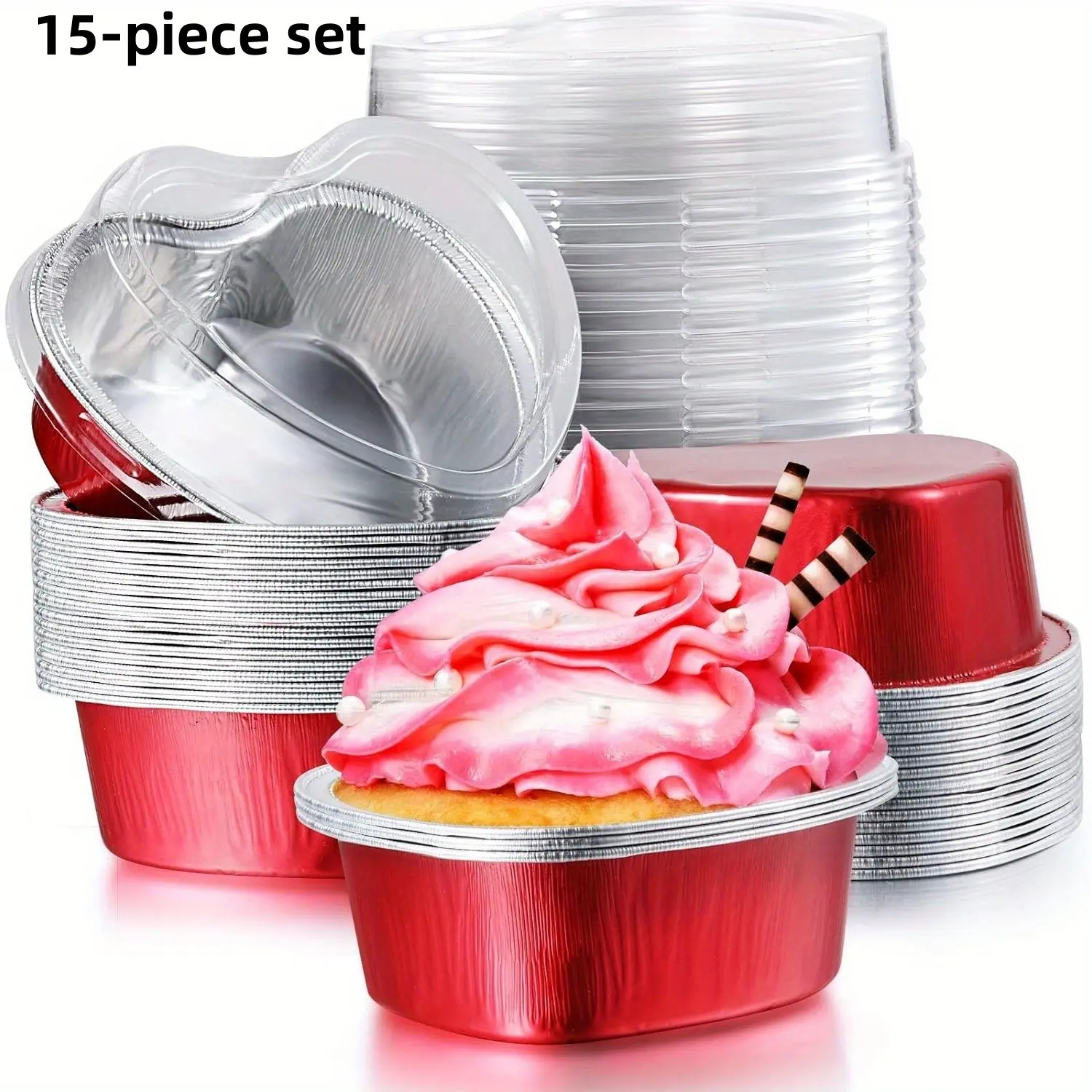 15-Piece Aluminum Foil Cake Tray Set, Heart-Shaped Cupcakes with Lids, Disposable Mini Paper Cups, Heat-Resistant Baking Molds
