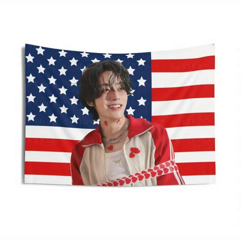 2D Flat - 2D Flat - 60X40 And 60X51 Inch Horizontal Peach Light Beige Fabric Concert Banner Featuring a 2D Flat Design of Jake'S Heart with The American Flag