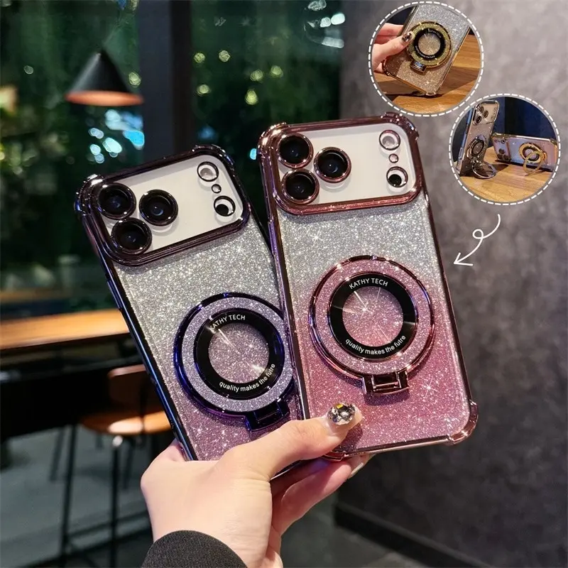 3-in-1 Phone Case Set (1 Hard Case + 2 HD Tempered Glass Screen Protectors) Luxury Glitter Bling Electroplated Phone Case, Magnetic Stand Shockproof Airbag Protective Cover Compatible for iPhone 13 14 15 16 17 Series Including iPhone 16E