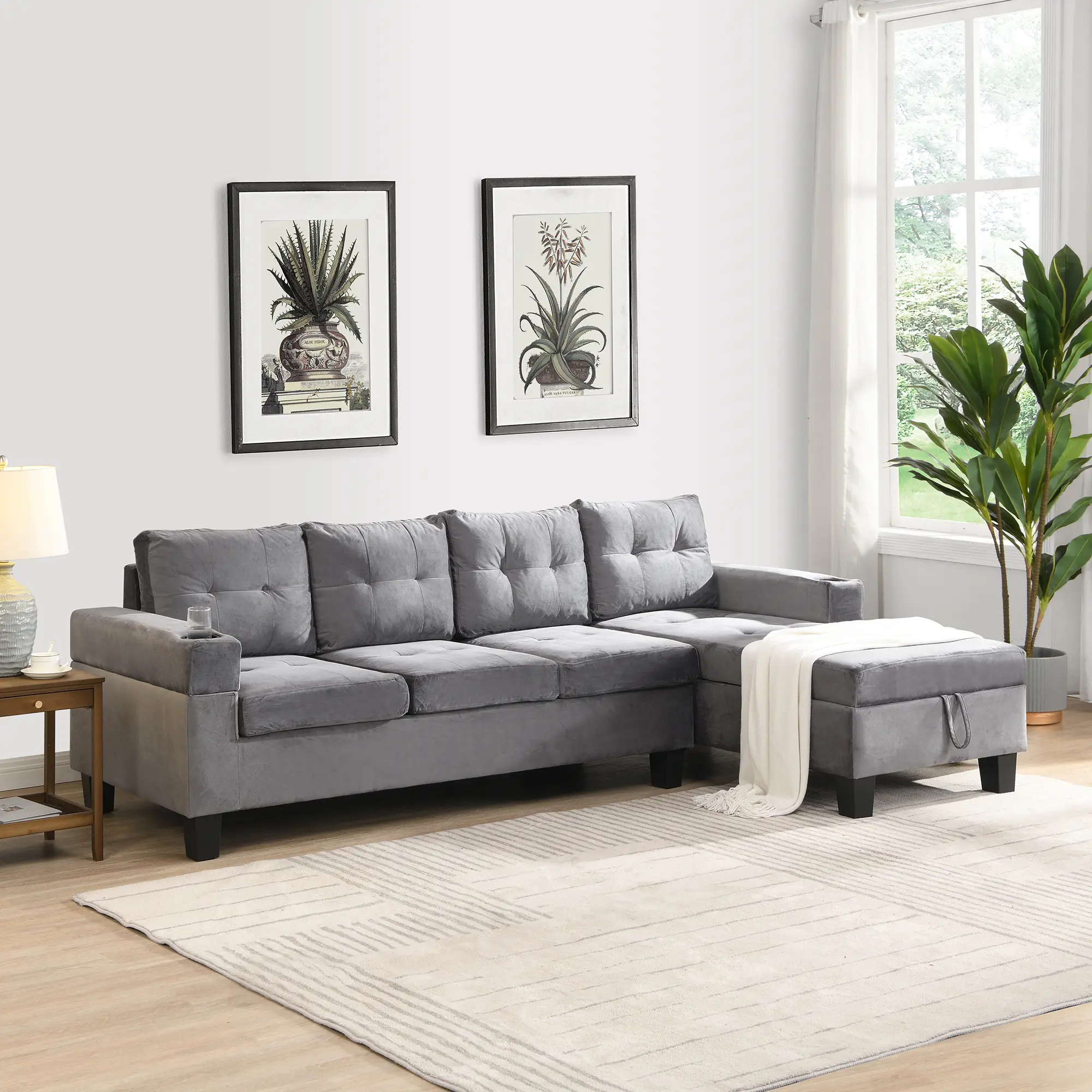 ARCH Modern L-Shape Sectional Sofa Set for Living Room with Chaise Lounge, Cup Holder, Right Hand Storage Chaise, 4-Seat Upholstered Couch with Hidden Storage, Grey Fabric Sofa for Family Room, Living Room Furniture for Apartment, Lounge