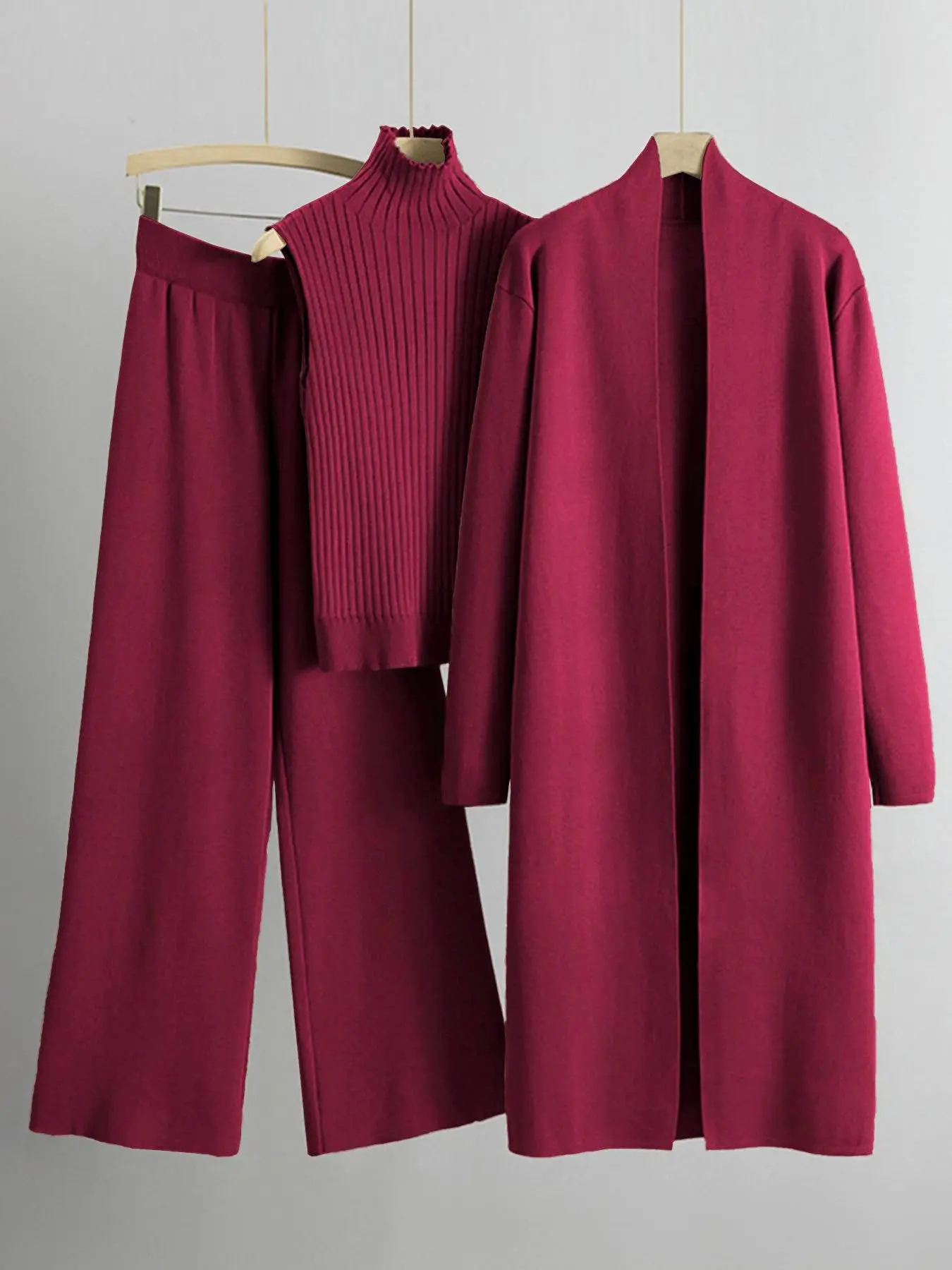 Women's Three-Piece Knit Set, Long Open Front Sweater, Sleeveless High Neck Pullover, Ribbed Vest, Wide Leg Pants