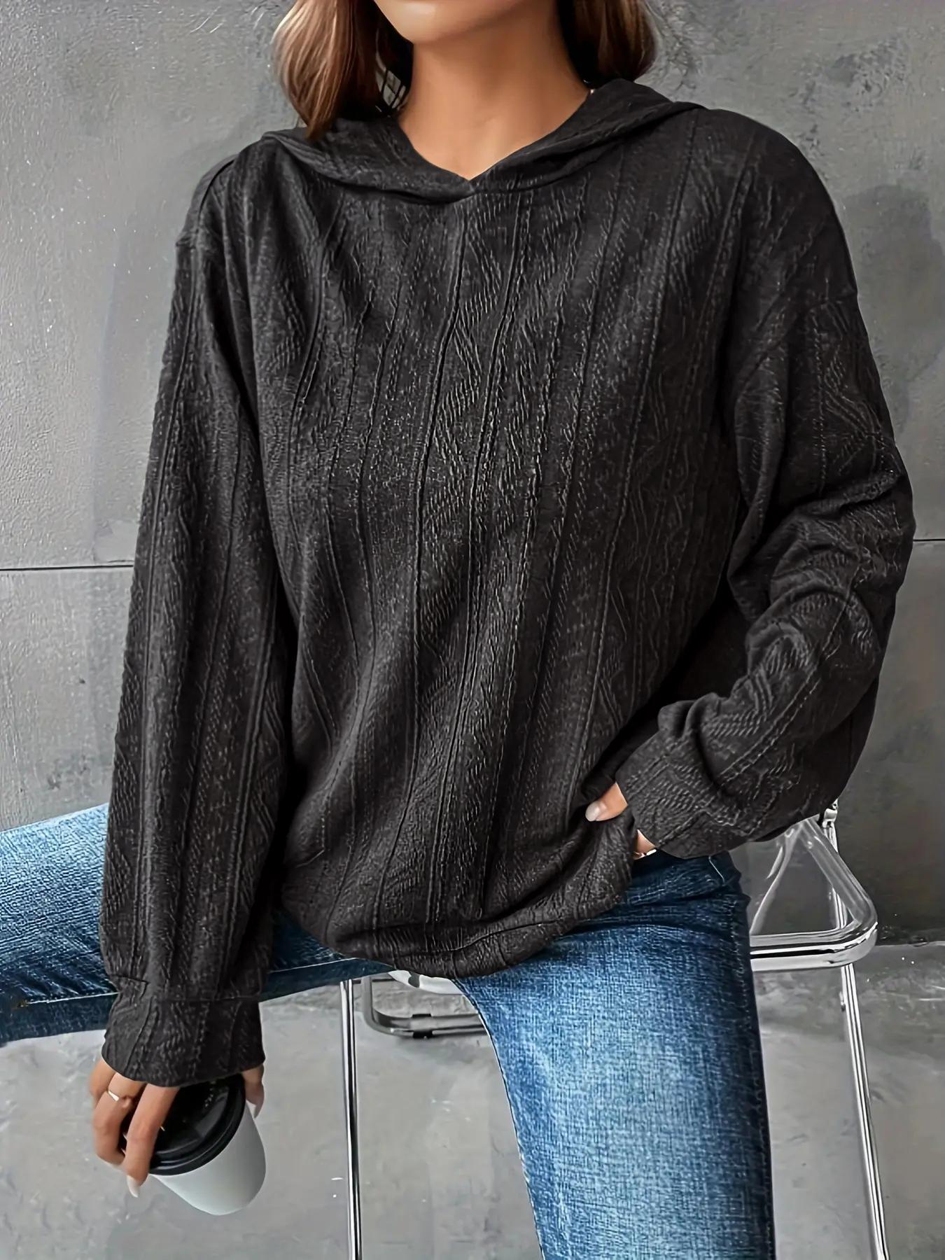 Plus Size Solid Color Hoodie Casual Long-Sleeve Hooded Sweatshirt, Casual Hooded Sweatshirts, Y2K Summer Daily Wear, Comfortable Relaxed Fit, Textured Knit Detail, Party Casual Wear