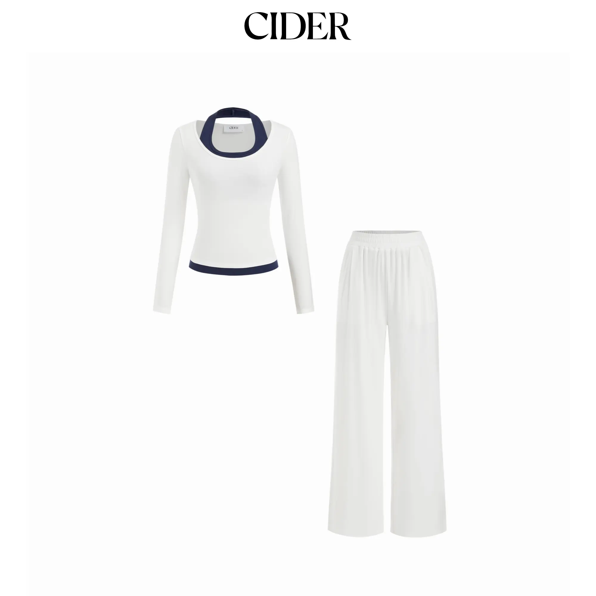 Cider Cotton-blend Halter Neckline Two Tone Top & High Rise Straight Leg Trousers Loungewear Set