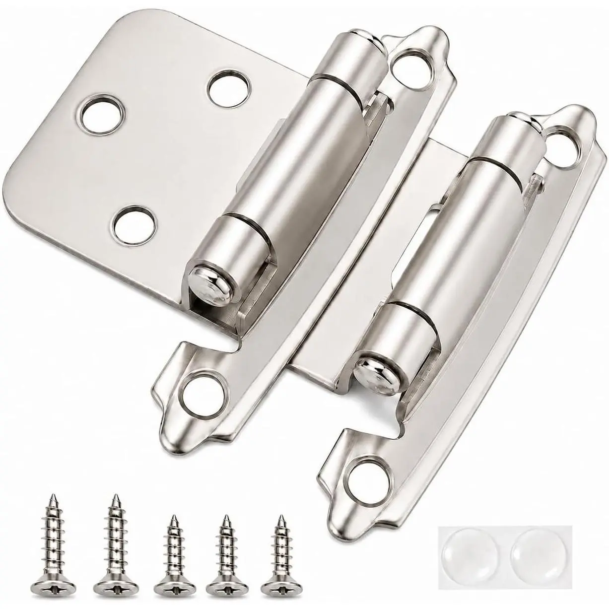 Brushed Nickel Self Closing Cabinet Hinges for Kitchen Cabinet Doors, Flush Mount, 1/2" Overlay Variable, 2 Pair (4 pcs) with Silicon Bumpers & Hardware Screws