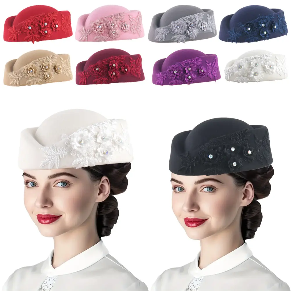 Vintage British Lace Floral Rhinestone Wool Felt Pillbox Hat Women Elegant Church Derby Wedding Formal Fascinator Beret with Fixing Elastic Cord
