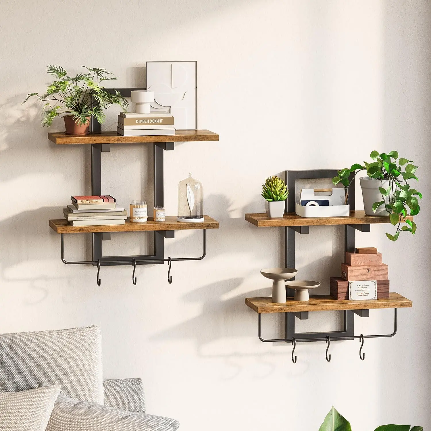 Floating Shelves for Wall Set of 2, Wood Wall Shelf with 6 Hooks, 2 Tier Hanging Decorative Storage Shelves for Living Room Bedroom Bathroom Kitchen Office Coffee Bar, Rustic Brown