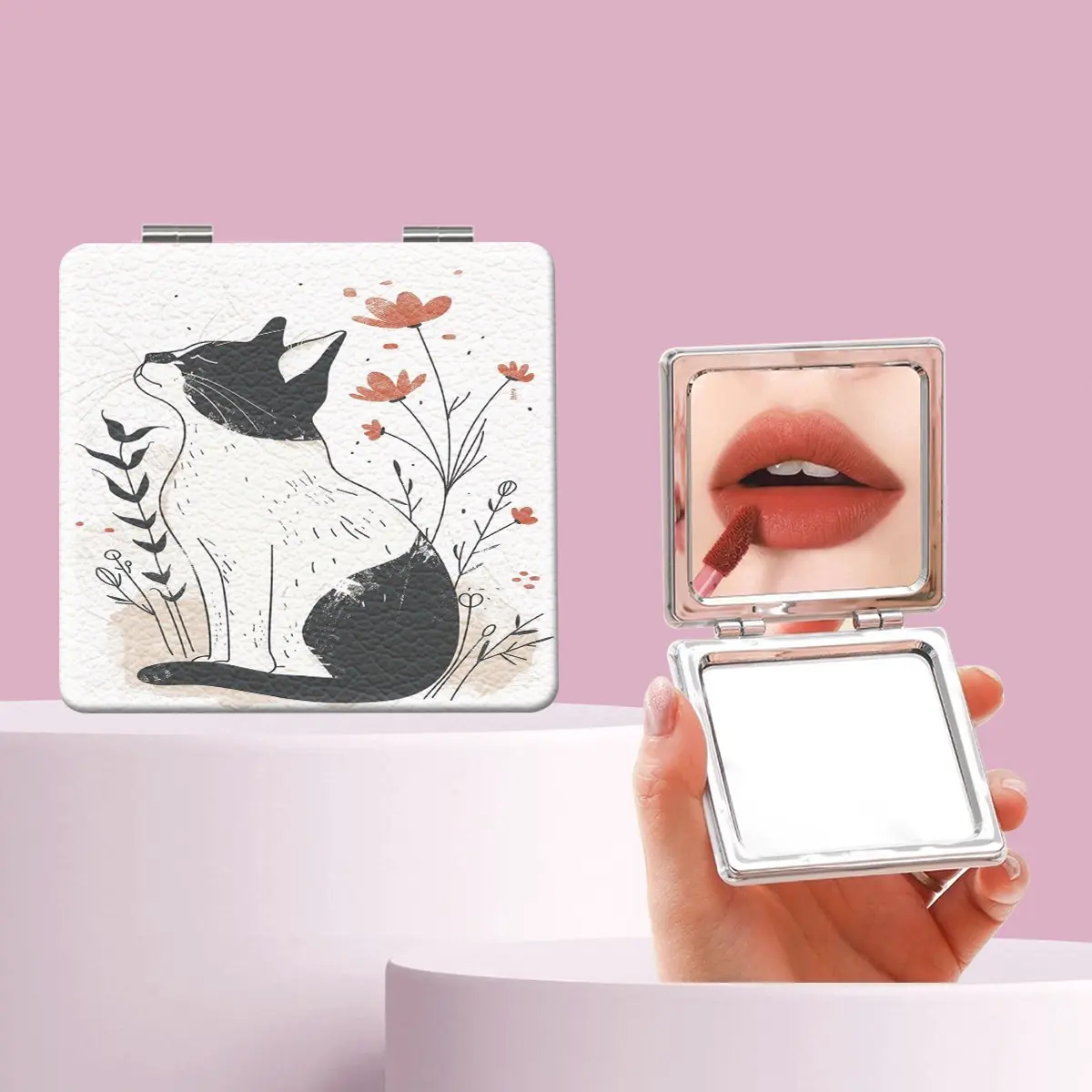 Cute Cat and Flower Makeup Mirror, Foldable Mini Handheld Mirror, Perfect for All Occasions, Ideal Gift for Friends and Family