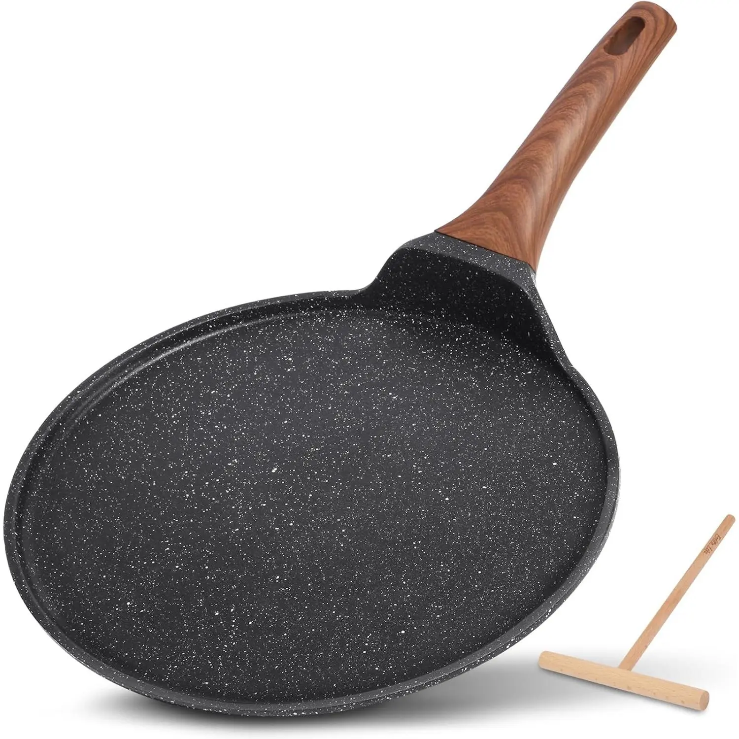 11 Inch Crepe Pan with Spreader, Nonstick Granite Coating Dosa Pan, Roti Tawa Comal Para Tortillas Pancake Griddle Pan, Induction Compatible, PTFE & PFOA Free, Black