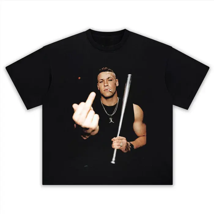 Unisex Oversized Vintage Distressed Cotton-Black Aaron Judge Official Baseball Merch Tshirt - Menswear Streetwear Short-Sleeve Top with Middle Finger Bat Athlete Studio Portrait Graphic (Tee/Tank Options), Shortsleeve, Round Neck, Daily Casual, Front Prin