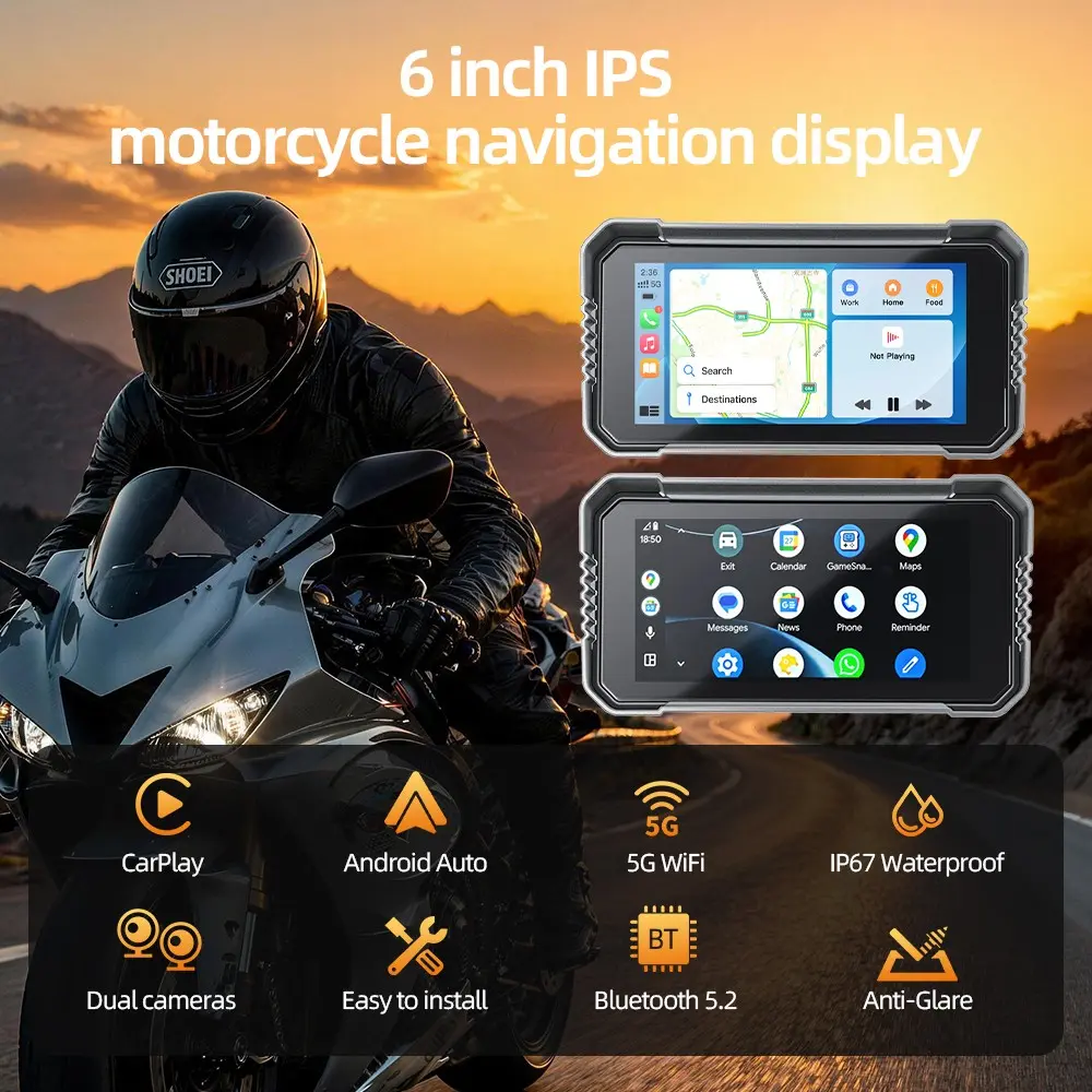 6" IP67 Waterproof Automotive Motorcycle Touch Screen GPS Display | Wireless CarPlay Android Auto, AirPlay MirrorLink Screen Cast | Dual 2K Front Rear Dash Cam GPS Navigation System with Optional TPMS Tire Pressure Detection