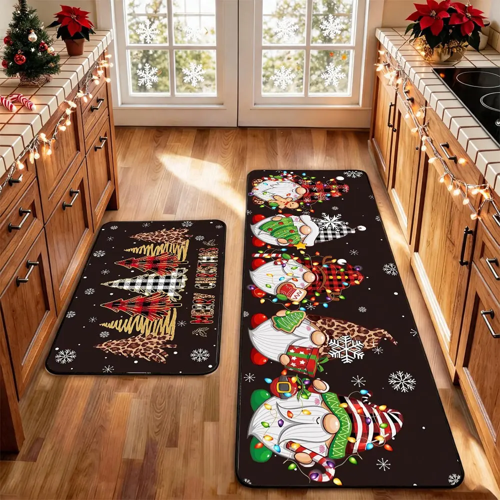 2 Pcs Christmas Kitchen Rug Mat Gnomes Gingerbread Tree Santa Clause Snowflake Red Black Floor Mat Set Farmhouse Kitchen Rug Non Slip Restaurant Floor Dining Room Laundry Room Decor Carpet Mat Winter Decor Home Decor Rug
