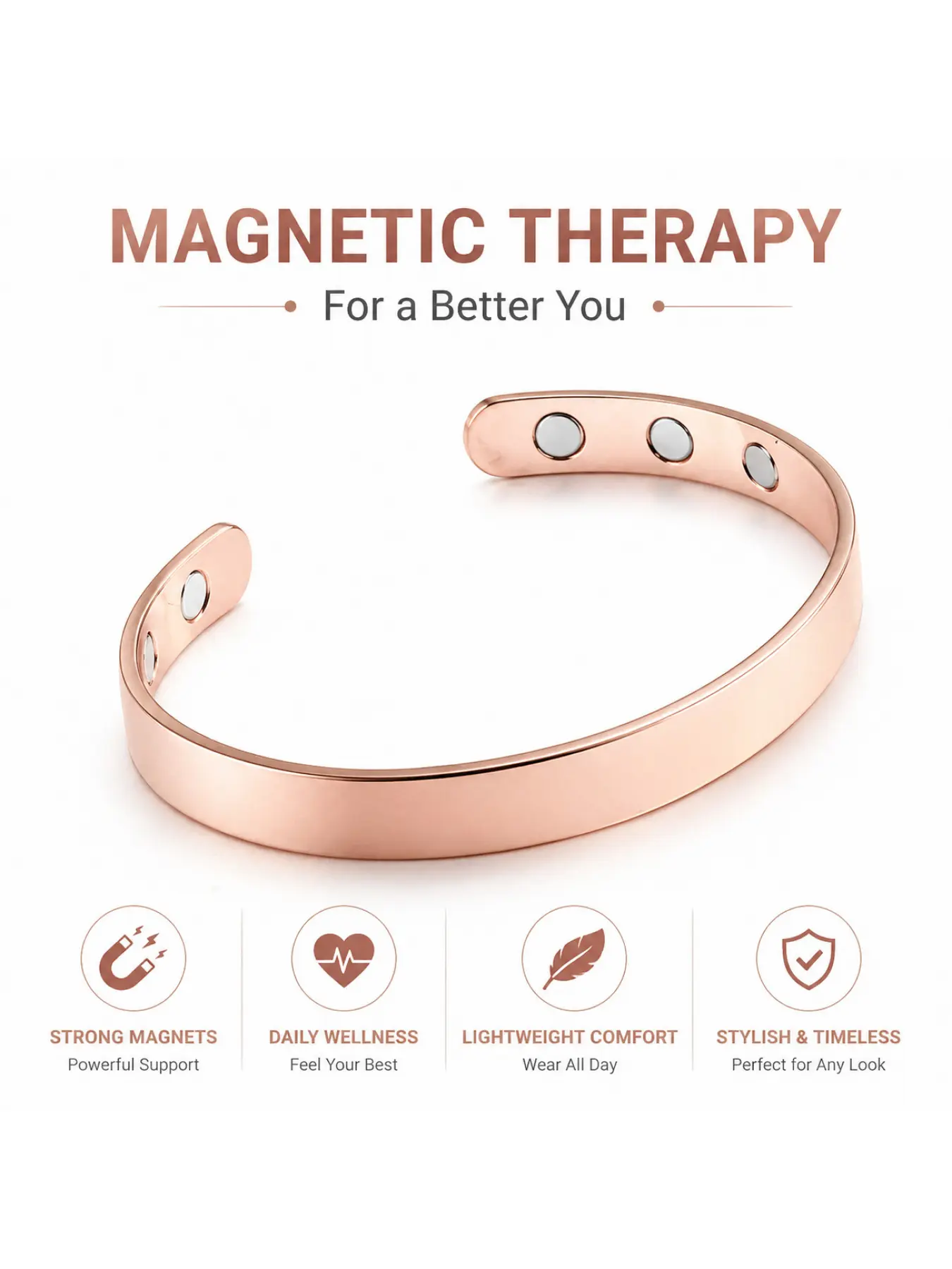 Magnetic bracelet with a smooth, round, open design in rose gold