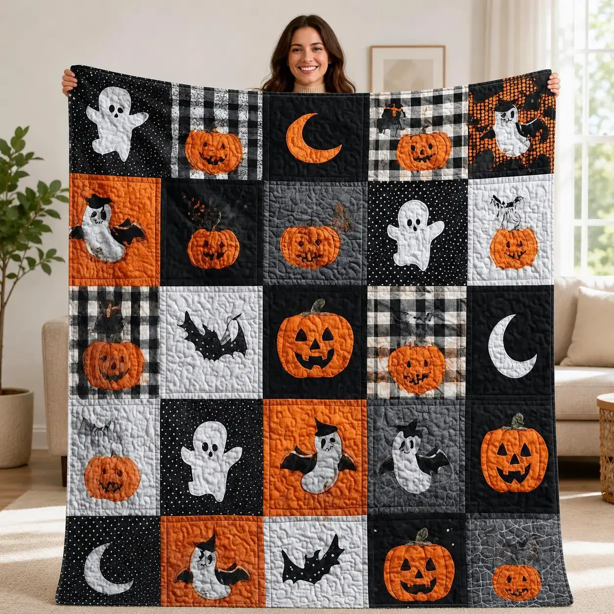 Spooky Theme Halloween Pumpkin Ghost Flannel Blanket - Soft Fabric, Multi-Size Living Room Sofa Bed Cover with Haunted Artwork, Movie Nights Accent & Holiday Gift for Kids Halloween Lovers