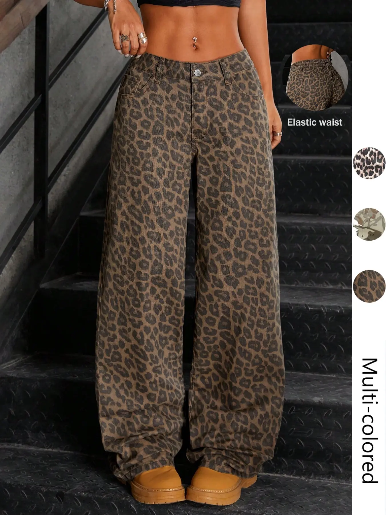 Women's Leopard Print Wide-Leg Oversized Pants, Loose-Fit Elastic Waist Button-Fly Trousers, Casual Trousers, Multiple Colors Available, Boho Style Pants, Bohemian Casual Pants