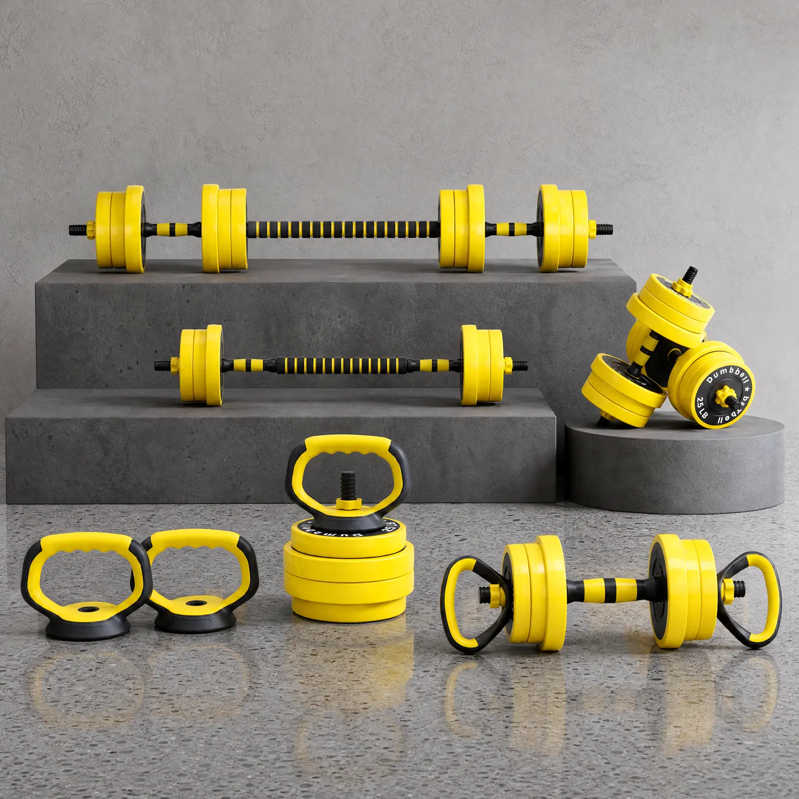 4-in-1 Dumbbell Set – Adjustable Home Gym Free Weights with Kettlebell Handle, Barbell Connector, Push-Up Stand, Foam Shoulder Pad, Iron Sand Plates, Durable PP Shell – 44 lbs