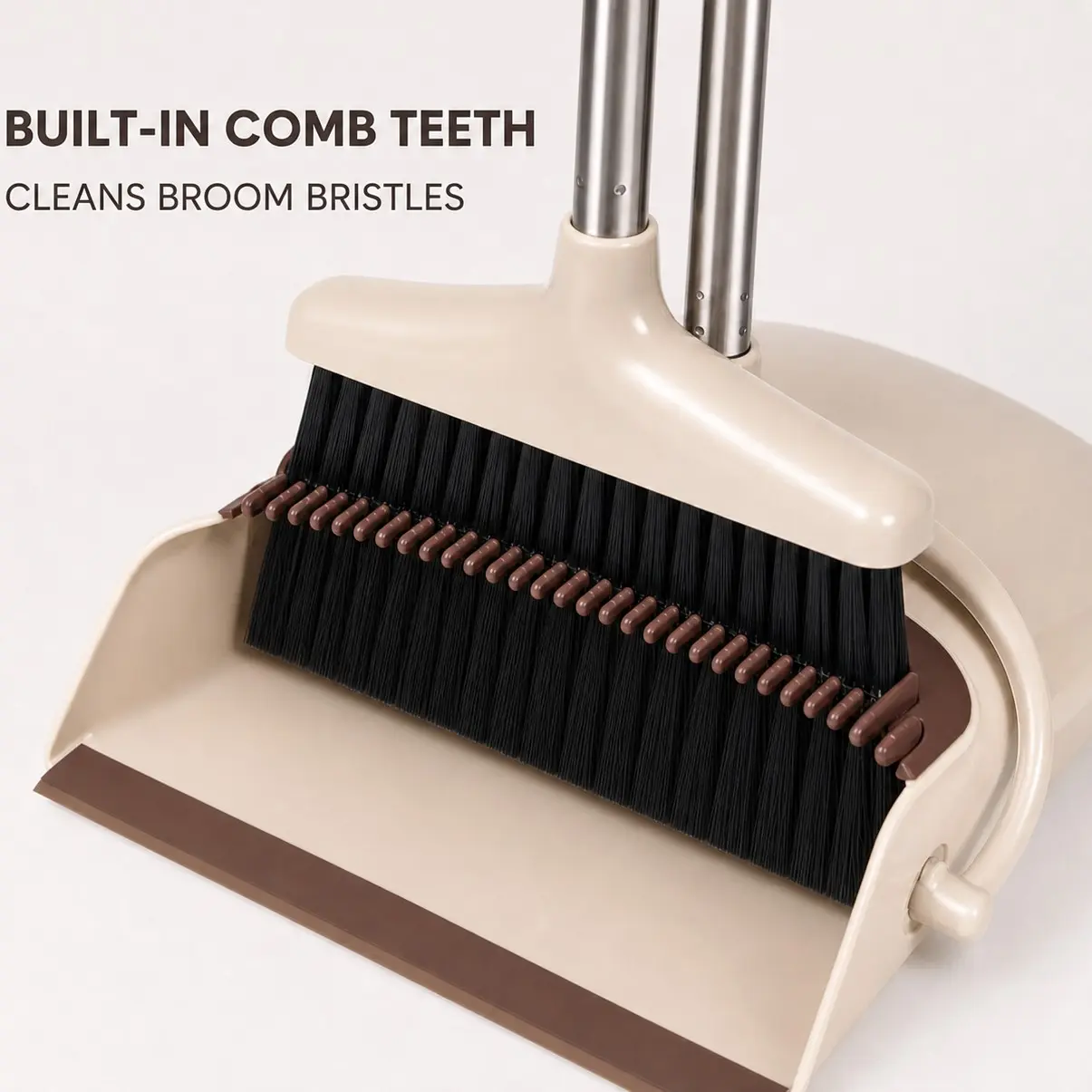 Self Cleaning Broom and Dustpan Set with Long Handle, Standing Dustpan with Comb Teeth Design for Easy Hair and Dust Removal, No Bending Floor Sweeping Tool for Indoor Outdoor Home Kitchen Bathroom Garage Office Garden Cleaning