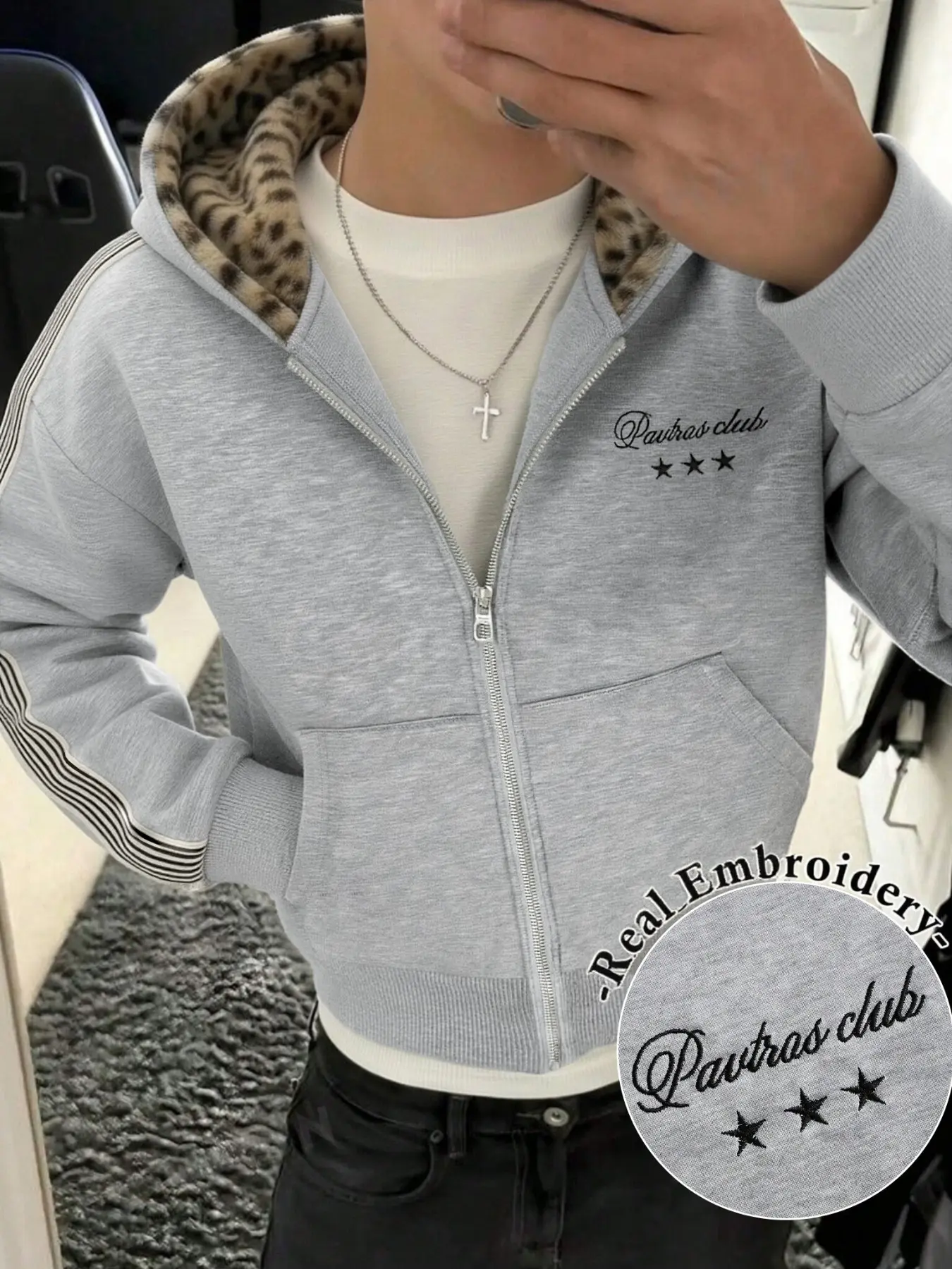 American High-End Leopard Print Hooded Zipper Sweatshirt, Vintage Striped Top, Embroidered Star Casual Thin Sweatshirt