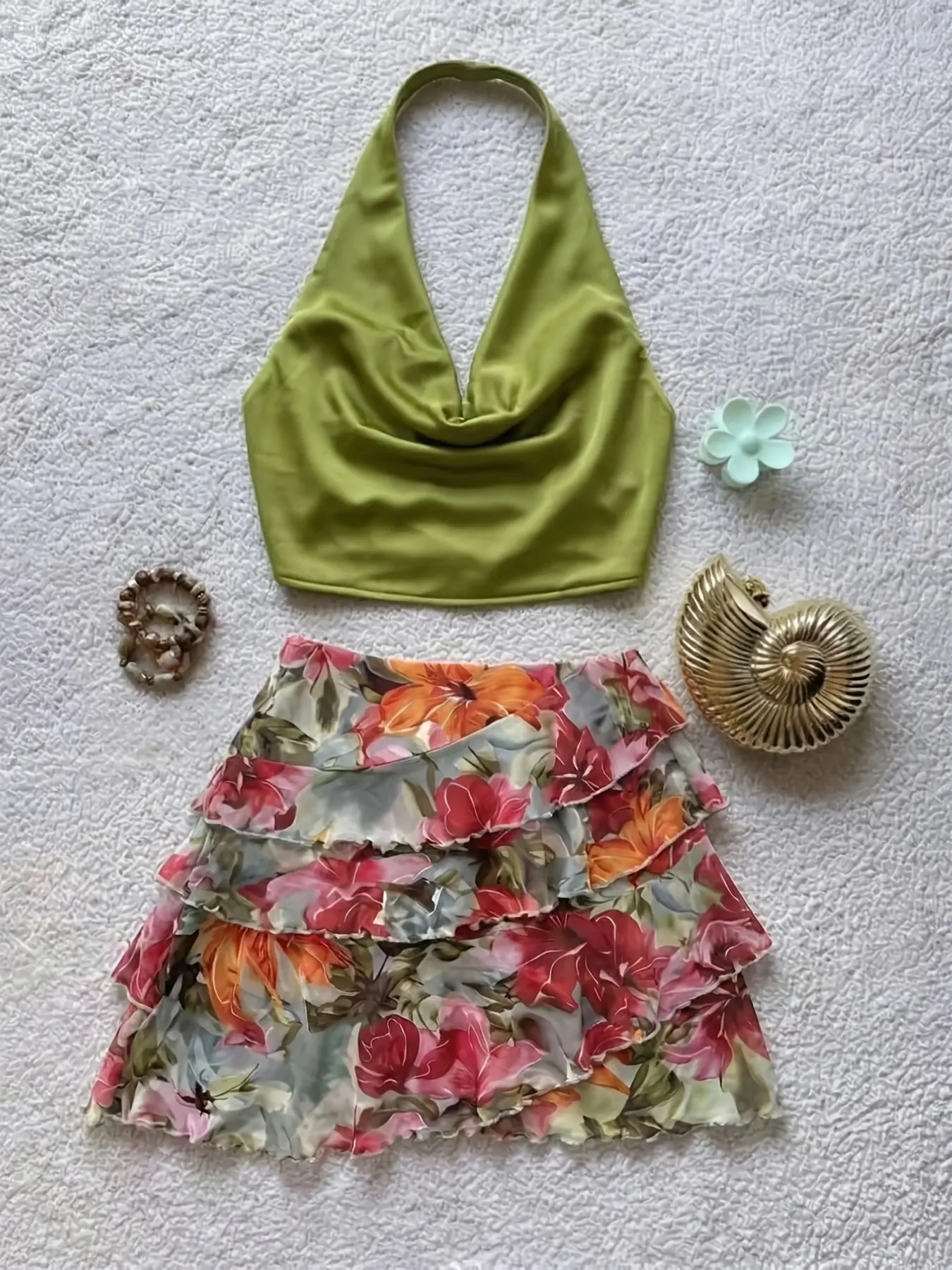 Summer Chic Two-Piece Set, Olive Halter Backless Top + Colorful Pattern Print Ruffle Bralette, Unique Design Short Sleeve, Boho Casual Summer, Casual Beach Set