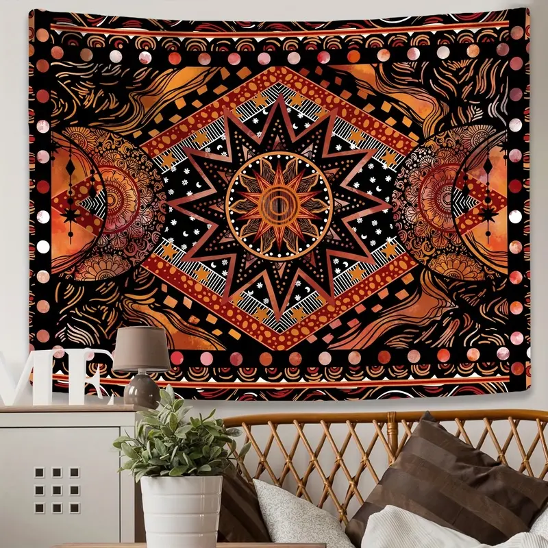 Bohemian Hippie Sun Moon Mandala Tapestry, Neon Floral Nature Wall Hanging. Durable Stylish Backdrop, Aesthetic Personalized Decor for Bedroom, Living Room & Dorm, Polyester, Woven Fabric