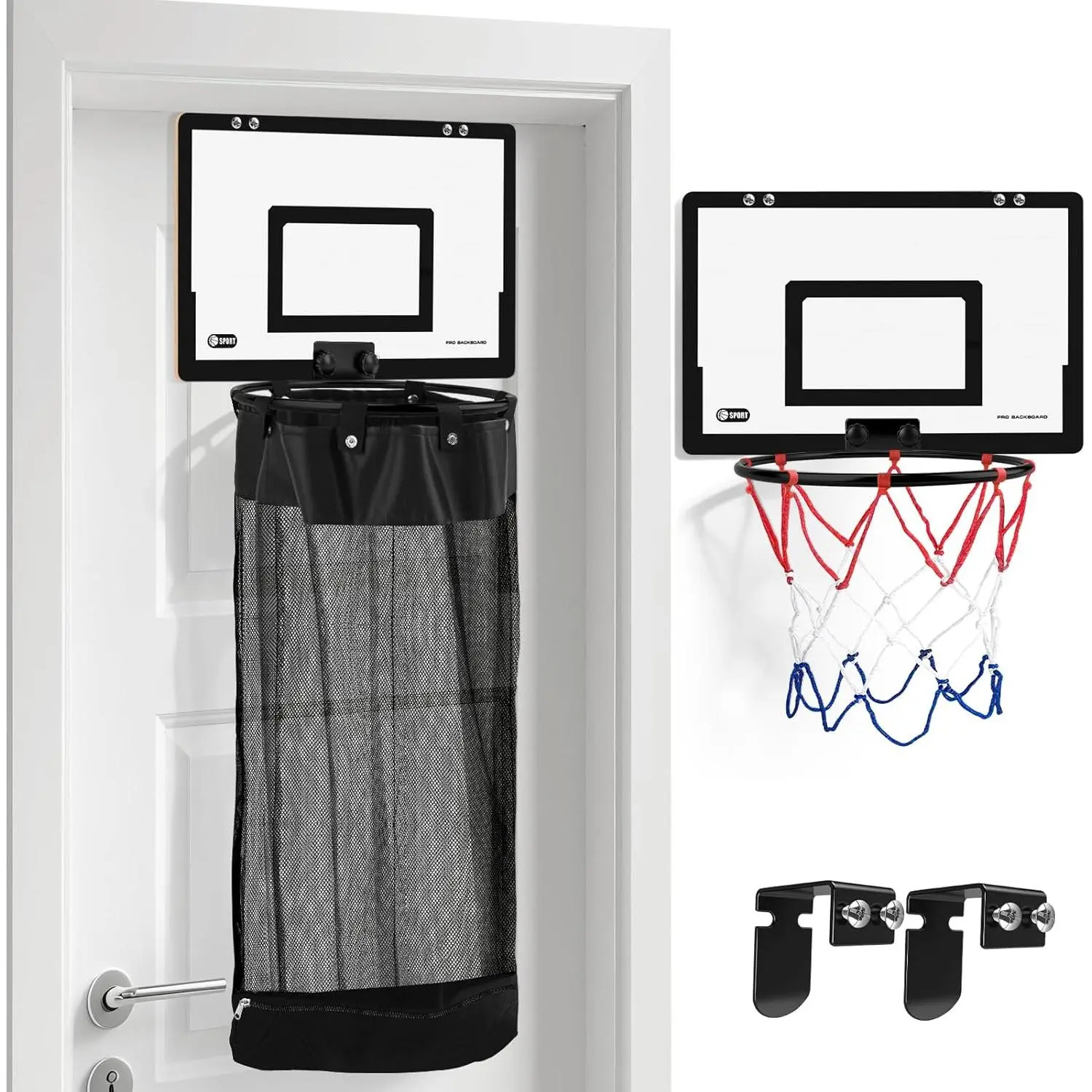Hanging Over-the-Door Basketball Laundry Hamper - 2-in-1 Wooden Sports Clothes Sorter with Basketball Hoop, Zippered Nylon Mesh, Fits <1.73" Doors, Shock Pads, Space-Saving Storage for Kids' Room