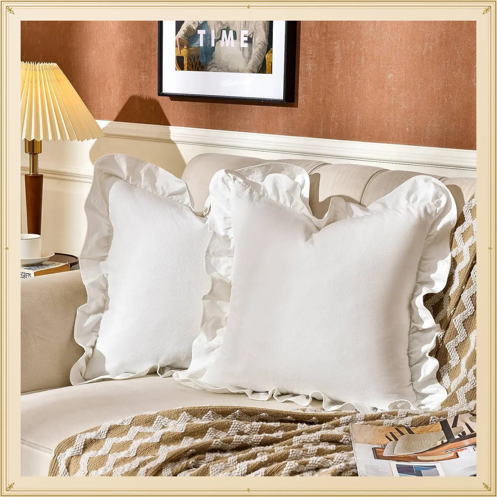 Pack of 2 100% Cotton Pre-Washed Ruffle Throw Pillow Covers 18x18 Inch Decorative Cushion Covers for Couch Sofa Bedroom Cream WhiteGift