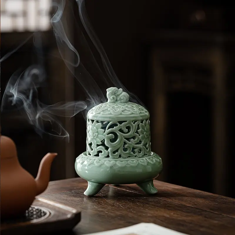 Celadon Pi Xiu Aromatherapy Incense Burner, Home Use Incense Burner for Tea Ceremony, Indoor Ceramic Antique-Inspired Incense Burner with Three Legs, Bakhoor Incense Burners
