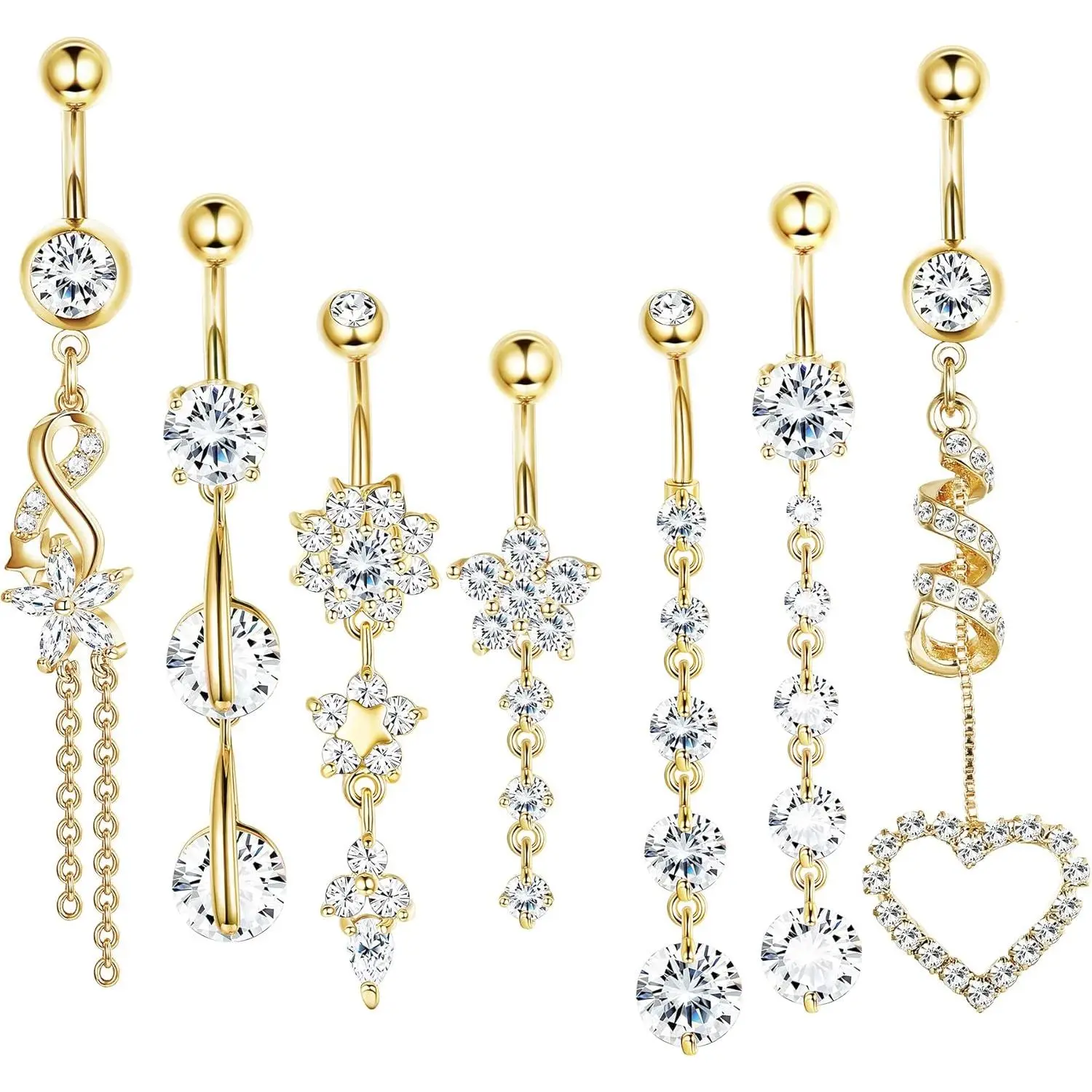 LOLIAS 7 Pcs Dangle Belly Button Ring - Hypoallergenic Surgical Steel Belly Rings for Women 14G Navel Button Piercing CZ Flower Heart Curved Navel Piercing Jewelry