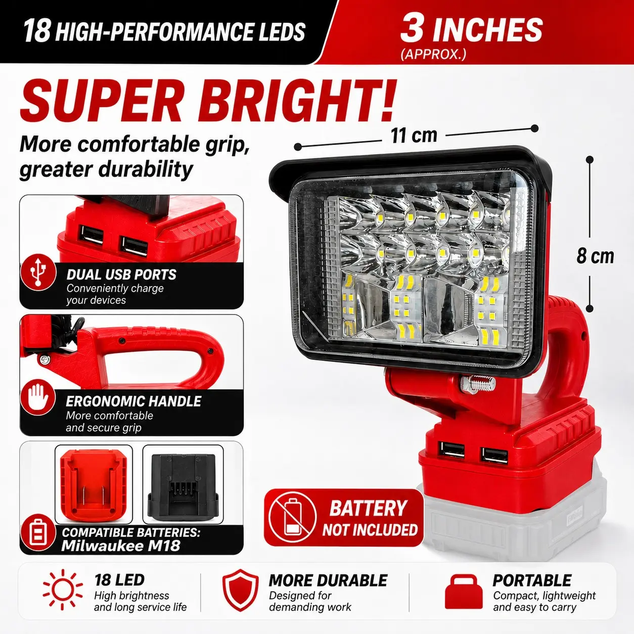 Wireless LED Work Light for Milwaukee 18v Battery, 10w 1200lm Wide Beam, Dual USB Charging Ports, Ideal for Emergency, Workshop, Garage, LED Work Flashlights