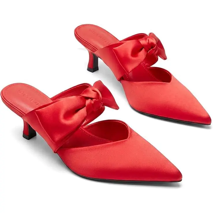 Coutgo Women's Kitten Heels Dress Shoes Bow Strap Pointed Toe Slip On Satin Mule Pumps for Wedding Bridal Party