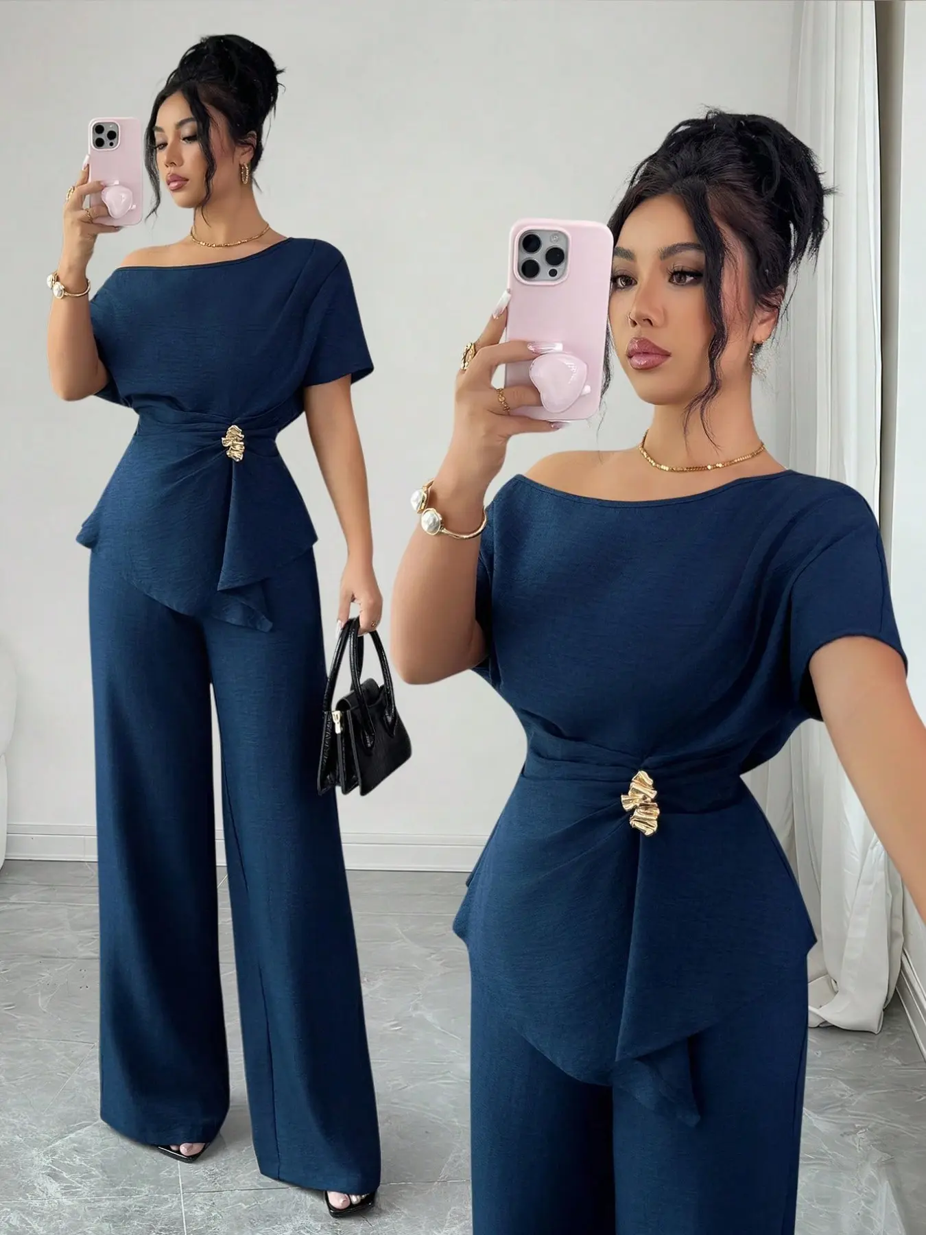 Women's 2-Piece Set, Elegant Urban Chic Fashion, Asymmetrical Shoulder Metal Buckle Waist Wide Leg Pants, Spring & Fall Business