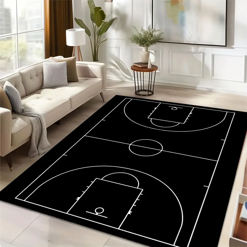 [2d Flat]1pc Modern minimalist black and white basketball court pattern area rug, non-slip, easy to clean, machine washable. Suitable for game rooms, living rooms, offices, etc. Game room rug, living room rug