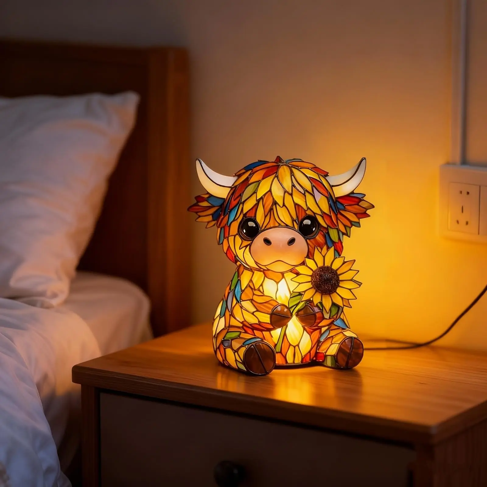 Highland Cow Rose Night Light with Warm Glow – Whimsical Desk Statue Lamp for Bedside, Valentine’s, Mother’s Day & Graduation Season Home Decor, Heartfelt Gift for Animal Lovers, Cozy Farmhouse Vibe
