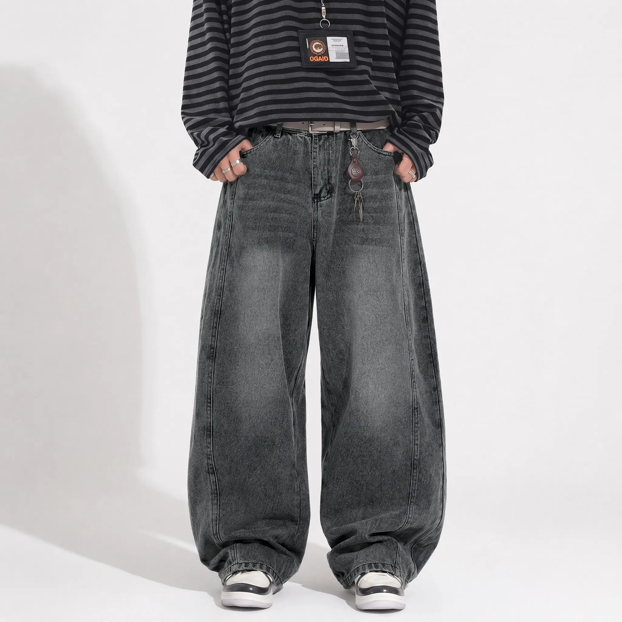 Men's 90s Baggy Denim Jeans Washed Charcoal Black Loose Fit Whiskered Wide Leg Pants with Vertical Seams, Skater Bottoms, Paneled Design for Y2K Streetwear Outfits, Tee Pairing, Minimalist Vibe, Uniform Looks