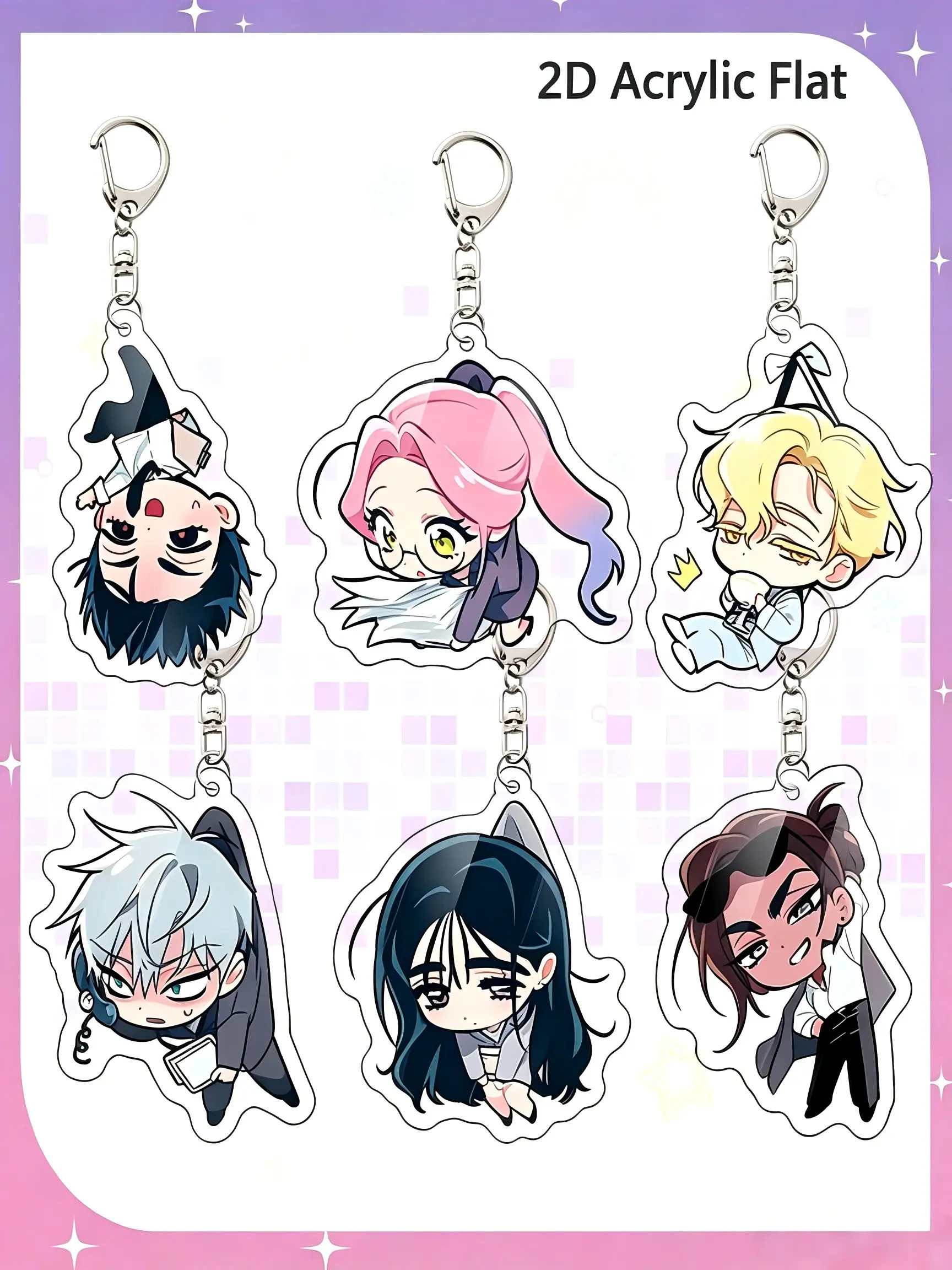 2D Plane 6-Piece Korean Anime Cartoon Character Acrylic Keychain, Cute Q-Style Key Ring Pendant, Bag Decoration Collectible