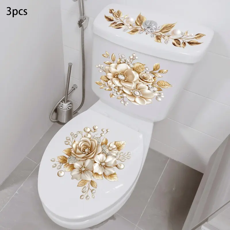 3-Piece Bathroom Toilet Stickers Set, Bathroom Accessory, Bathroom Decor Supplies, Floral PVC Self-Adhesive Decorative Decals, Matte Finish Irregular Shape Luxury Design