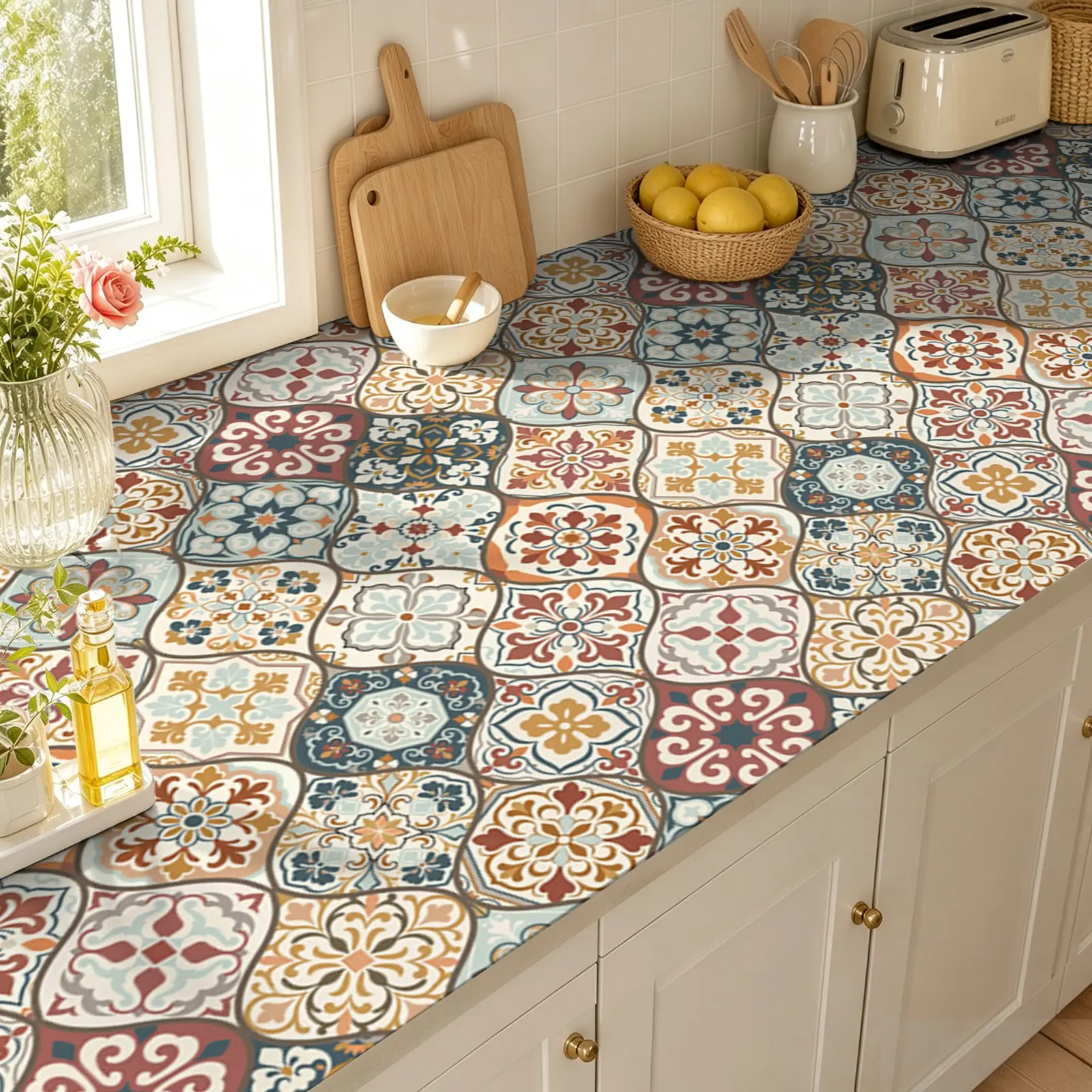 Vintage Moroccan Water Drop Tile Self-Adhesive Wallpaper, Vinyl Material, Waterproof, Durable, Removable, Kitchen, Bathroom, Balcony Decor