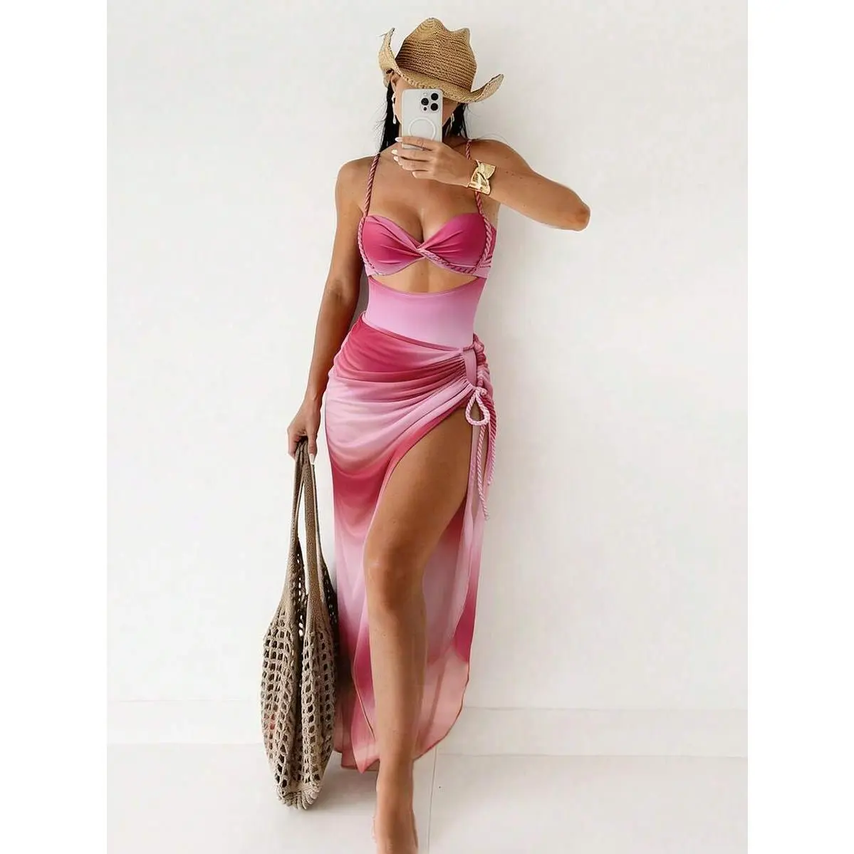 Women's 2-Piece Bohemian Silk Metallic Gradient Bikini Set - Underwire Halter Top, Tie-Side Beach Skirt, Adjustable Crisscross Straps, Split Design, Grapent Camouflage Floral Print, Summer Sport Bra