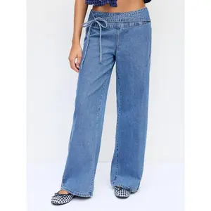 Cider Denim Low Rise Washed Drawstring Wide Leg Jeans