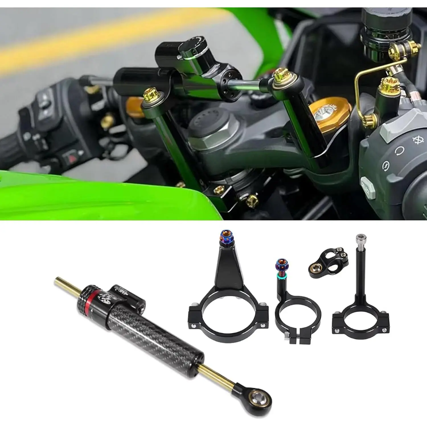 Titanium Motorcycle Steering Damper Kit - New Condition Part with Impact Reduction & Vibration Dampening, Fits ZX-4R/ZX-4RR/ZX-25R (2023-2025) - Buffer Shock Absorber & Stabilizer (A)