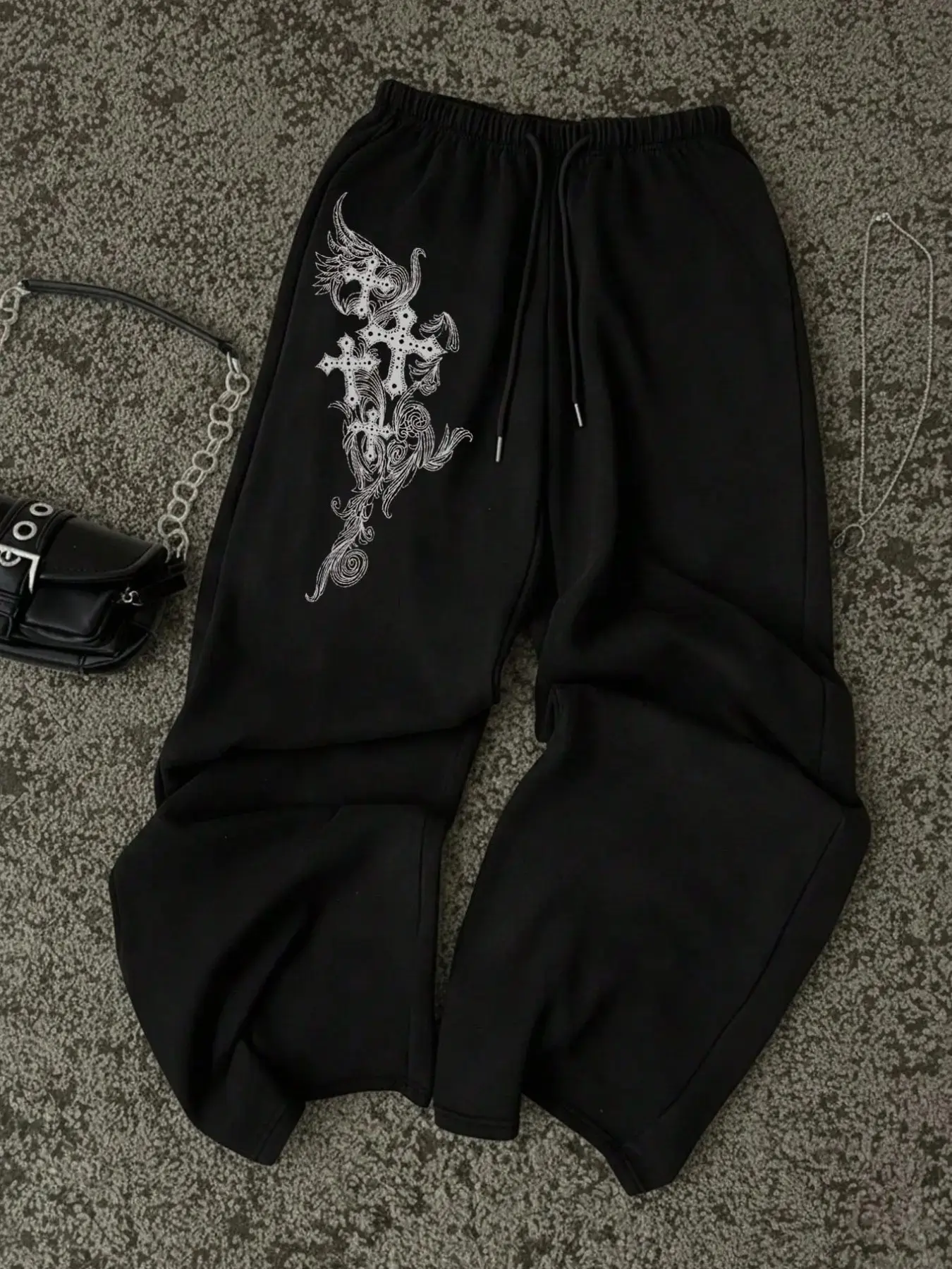 Women's Vintage Print Sweatpants, Loose-Fit Wide Leg Sports Pants, Casual Comfortable Breathable, Fashionable All-Season Trousers