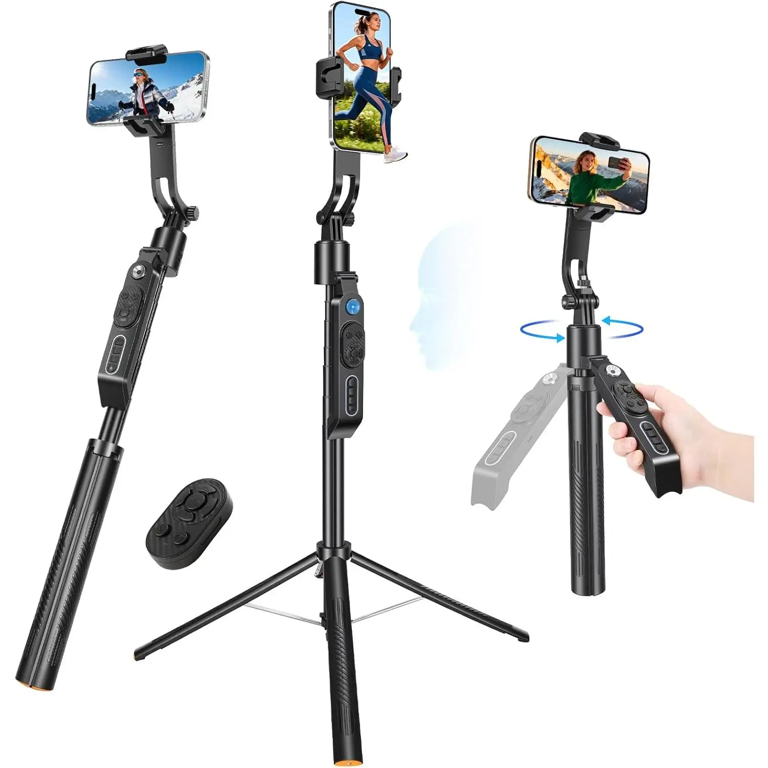 72'' Auto   Selfie Stick Tripod Stand, Auto-Open 360° Rotatable Travel Four-Legged Stand for /Android with Remote, Gesture Control, No App for Vlogging, TK