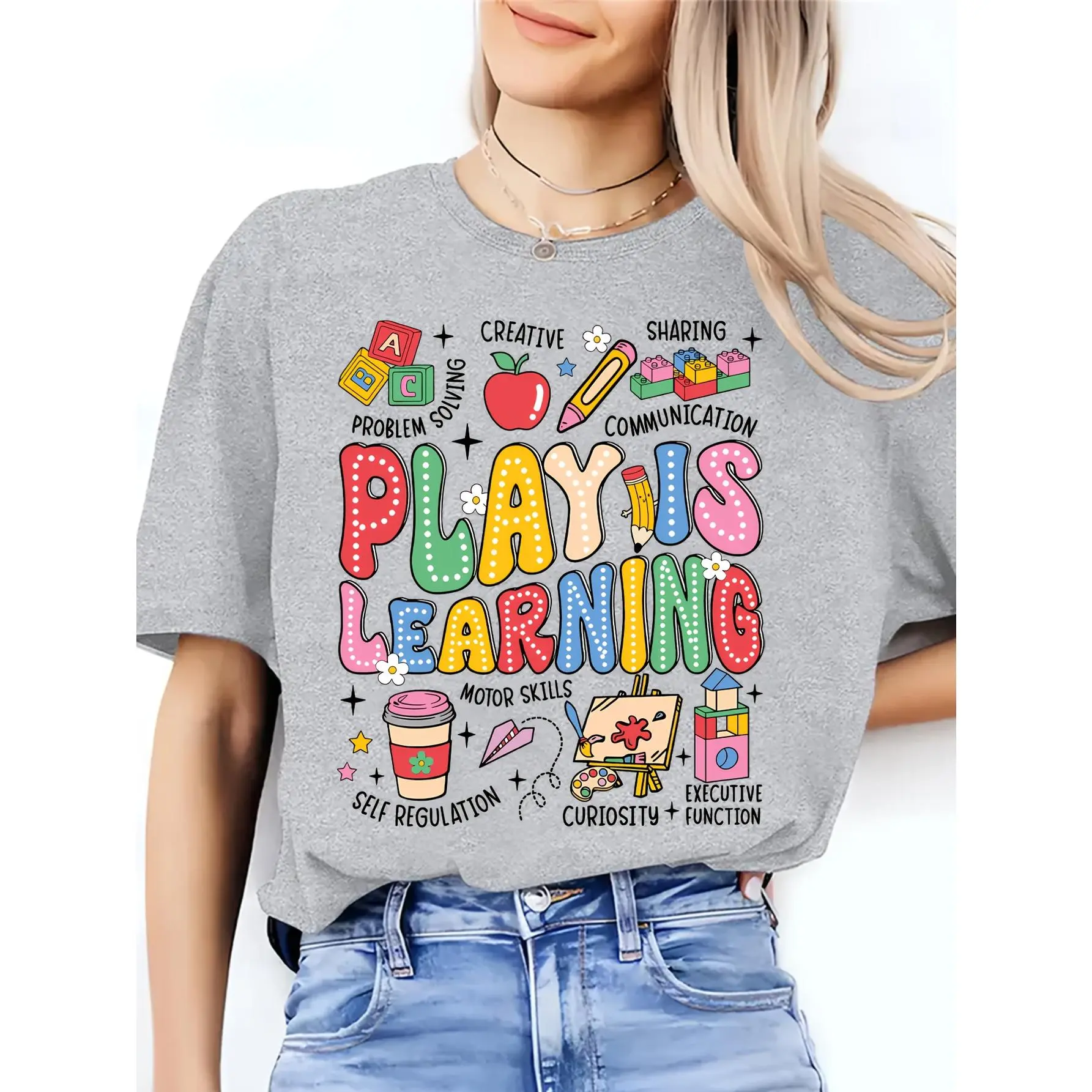 Play Is Learning Teacher T-Shirt - Vibrant Educational Graphic Print, Breathable Summer Casual Tee, Machine Washable Round Neck Top for Educators, Back to Gift for Teachers, Teacher Shirt, Casual Wear, Playful Design, Medium Stretch Fabric