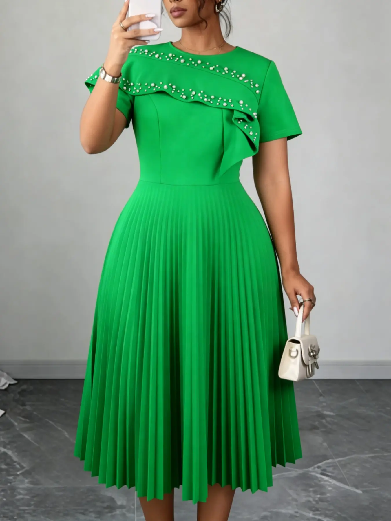 Elegant Chic Formal A-Line Midi Dress, Short Sleeve Beaded Ruffle Neckline, Perfect for Church, Parties, Weddings, Business Events, Celebrations